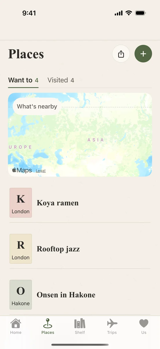 Places saved by the couple, with nearby suggestions