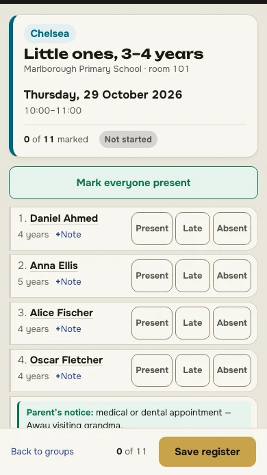Attendance register on a phone: big buttons for the teacher