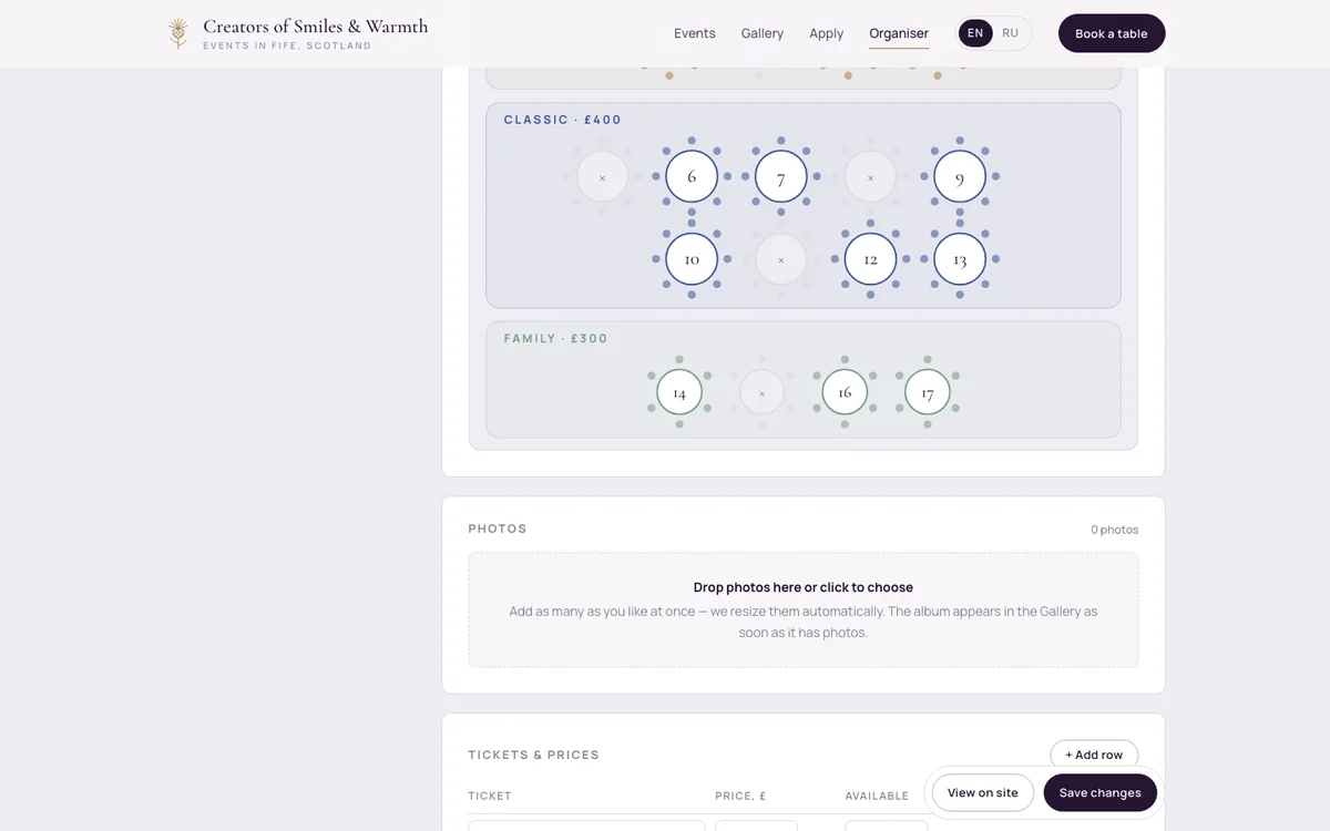 Organiser dashboard: tables sold, tickets, revenue, editor